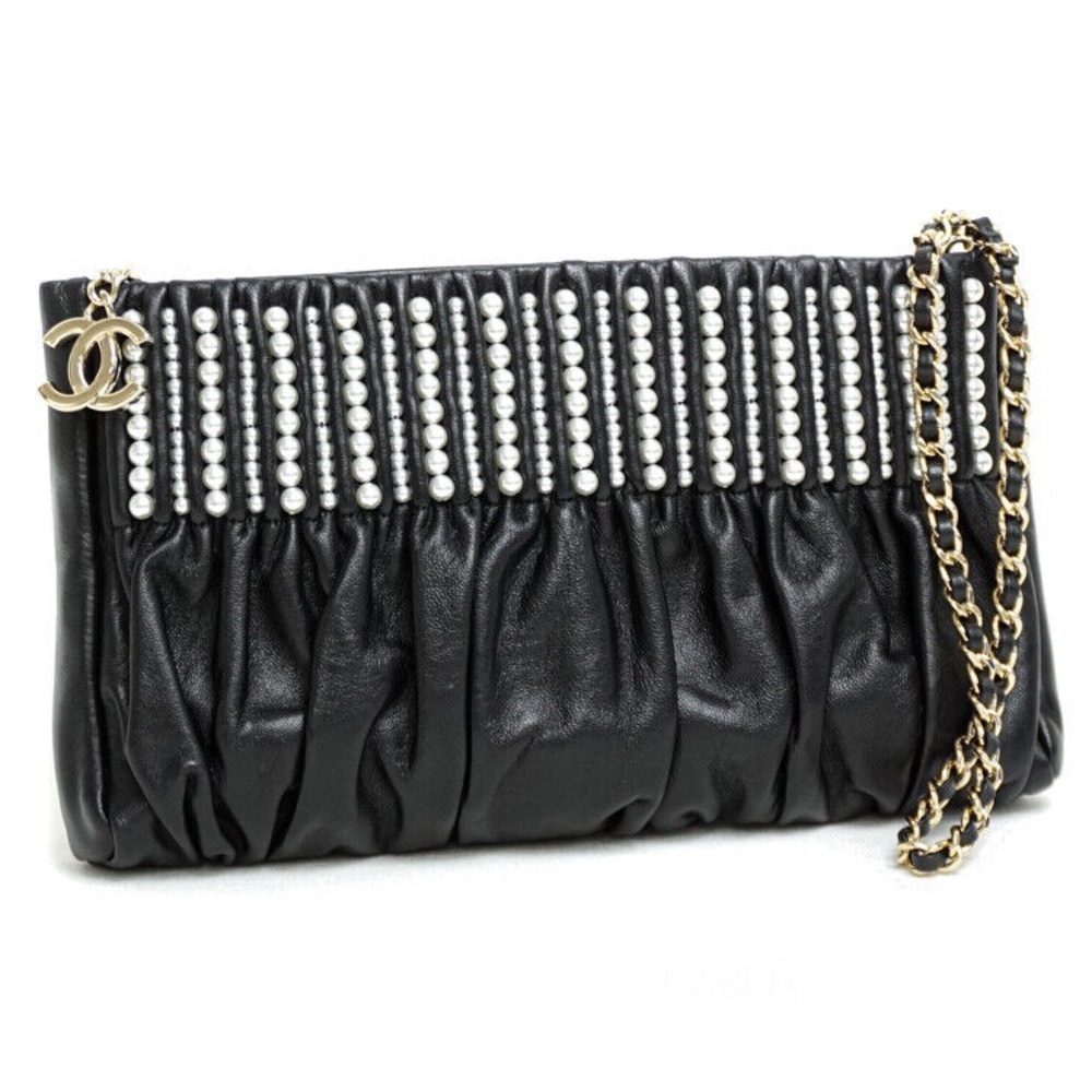 FULL SET - CHANEL Vintage and Classic Black Clutch with Faux Pearls - Picture 4 of 13